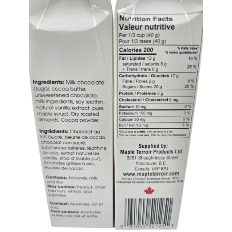 ingredient list and nutrition facts for cocoa dark chocolate maple covered roasted almonds 