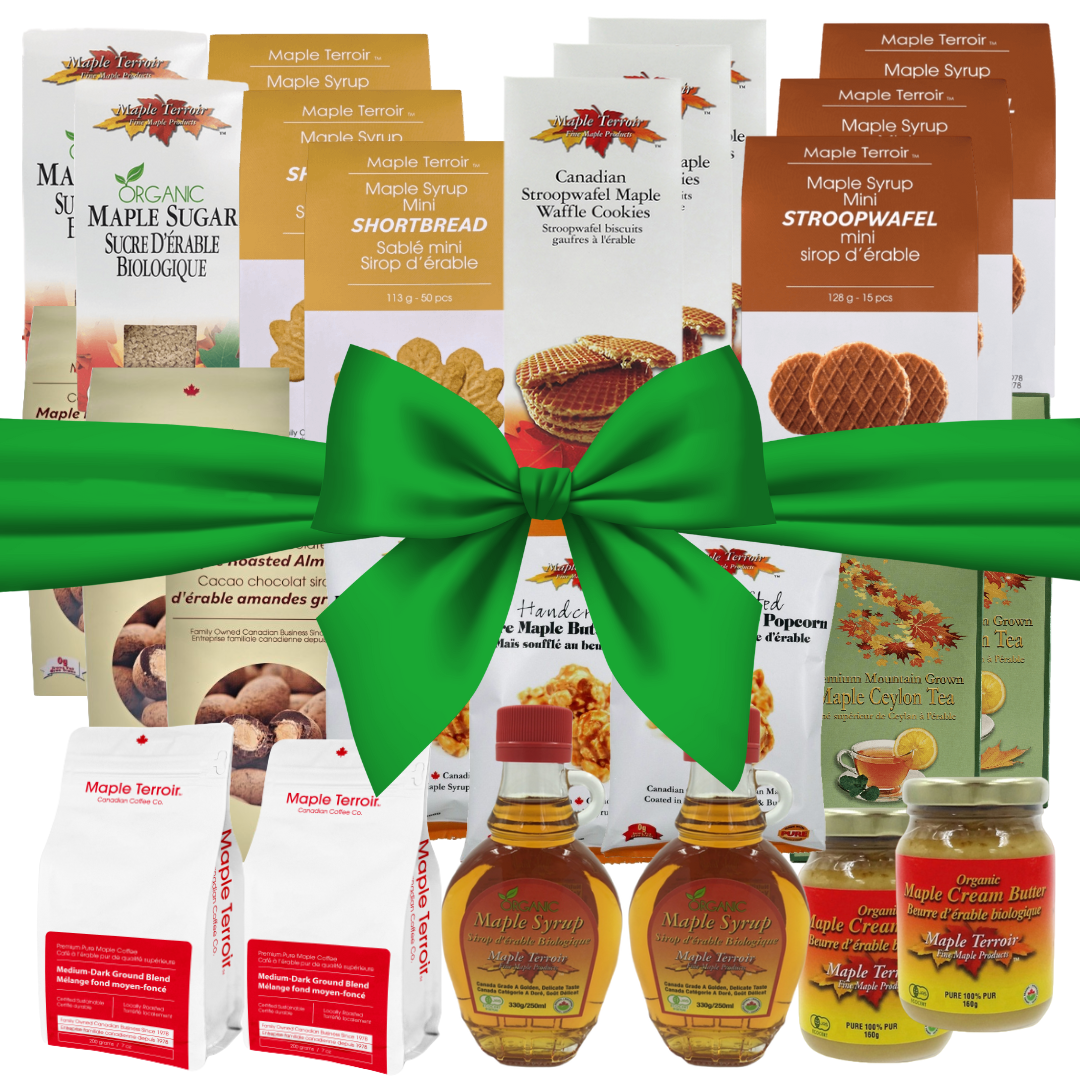 Maple Mega Combo Gift Set featuring an array of delightful maple products and a festive green bow.